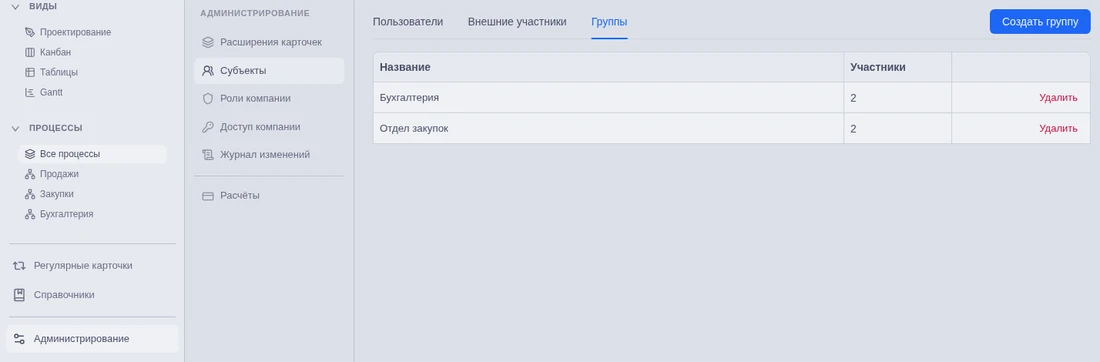 Путь к разделу групп и кнопка создания