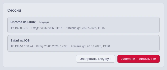Список активных сессий с устройствами и сроками активности