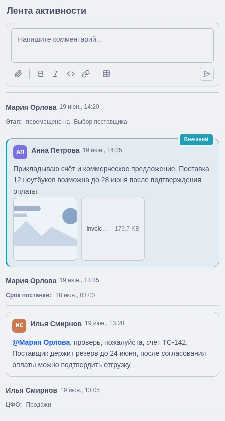 Комментарии и активность