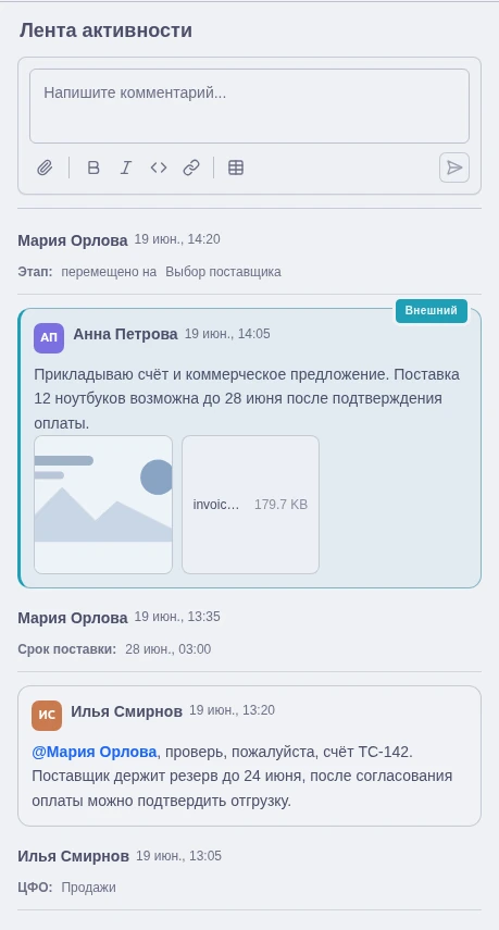 Лента активности Noiro с комментариями, вложениями и внешними сообщениями